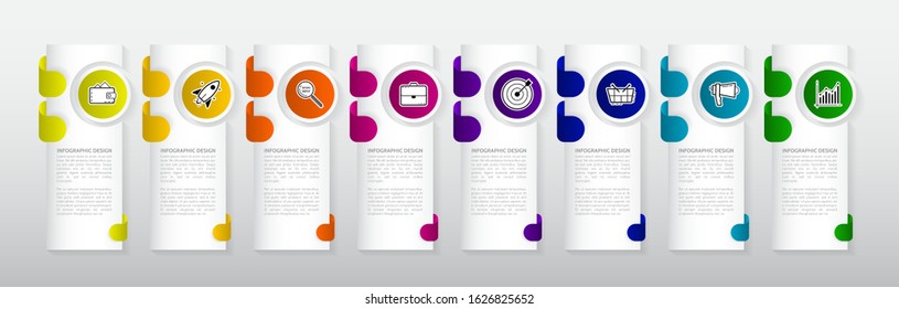 Modern Infographic template with 8 steps, icons for 8 options, colorful labels for business. Vector element can be used for workflow graph, chart, web layout.
