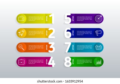 Modern Infographic template with 8 steps, icons for 8 options, colorful labels for business. Vector element can be used for workflow graph, chart, web layout.