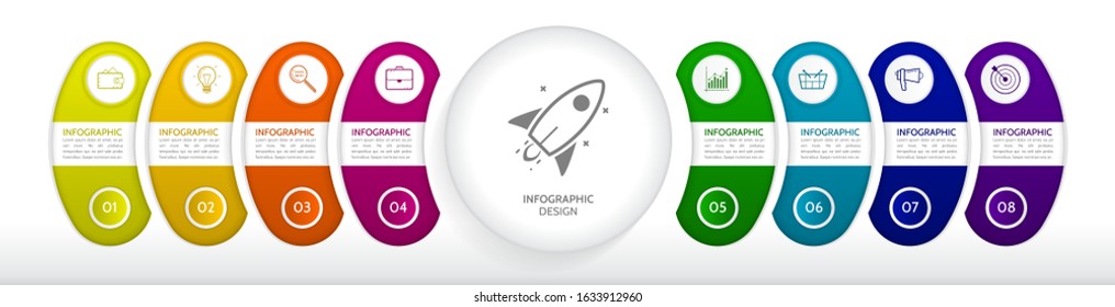 Modern Infographic template with 8 steps, icons for 8 options, colorful labels for business. Vector element can be used for workflow graph, chart, web layout.