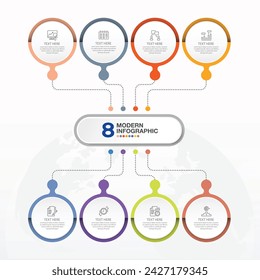 Plantilla de infografía moderna con 8 pasos, proceso u opciones, diagrama de proceso, Utilizado para diagrama de proceso, presentaciones, diseño de flujo de trabajo, diagrama de flujo, infografía. Ilustración del vector eps10.