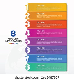 Plantilla infográfica moderna con 8 pasos, proceso u opciones, diagrama de proceso, utilizado para diagrama de proceso, presentaciones, diseño de flujo de trabajo, diagrama de flujo, infografía. Vector eps10 ilustración.