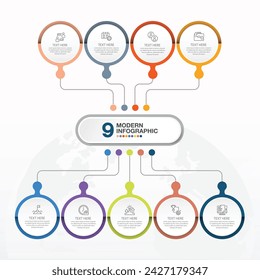 Modern infographic template with 9 steps, process or options, process chart, Used for process diagram, presentations, workflow layout, flow chart, infograph. Vector eps10 illustration.