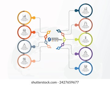 Modern infographic template with 9 steps, process or options, process chart, Used for process diagram, presentations, workflow layout, flow chart, infograph. Vector eps10 illustration.
