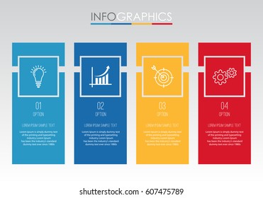 Modern Info-graphic Template for Business with 4 steps, icons for 4 options, multi-color, labels. Vector info-graphic element.