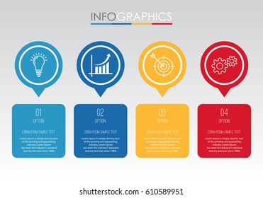 Modern Info-graphic Template for Business with 4 steps, icons for 4 options, multi-color, labels. Vector info-graphic element.