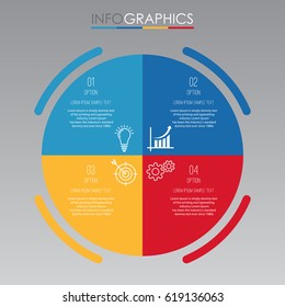 Modern Info-graphic Template for Business with 4 steps, icons for 4 options, multi-color, labels. Vector info-graphic element.