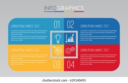 Modern Info-graphic Template for Business with 4 steps, icons for 4 options, multi-color, labels. Vector info-graphic element.