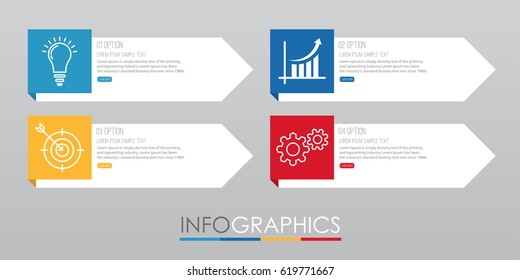 Modern Info-graphic Template for Business with 4 steps, icons for 4 options, multi-color, labels. Vector info-graphic element.