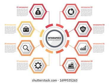 Modern infographic template. Business concept with 8 options created for designers in the design of all kinds of works. integrated circles, for content, diagram, flowchart, infographic.