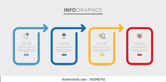 Modern Info-graphic Template for Business diagram with 4 steps design, Multi-Color design, icons 4 options, Process chart, labels, Creative vector info-graphic element.