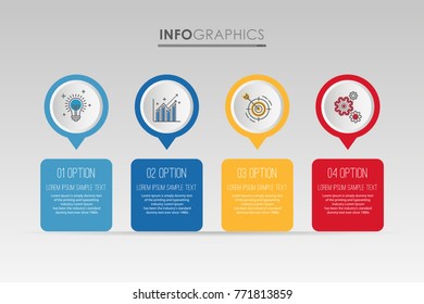 Modern Info-graphic Template for Business diagram with 4 steps design, Multi-Color design, icons 4 options, Process chart, labels, Creative vector info-graphic element.