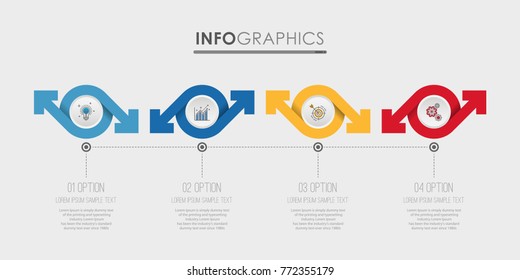 Modern Info-graphic Template for Business diagram with 4 steps design, Multi-Color design, icons 4 options, Process chart, labels, Creative vector info-graphic element.