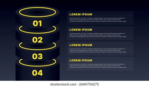 Modern infographic template for business presentations: step-by-step process with numbers, text blocks, and graphic elements for easy demonstration of a plan, strategy, or report.