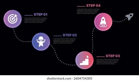 Modern infographic template for business presentations: step-by-step process with numbers, text blocks, and graphic elements for easy demonstration of a plan, strategy, or report.