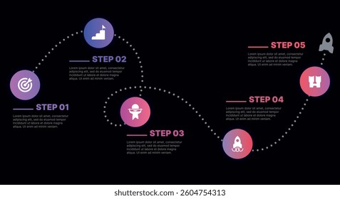 Modern infographic template for business presentations: step-by-step process with numbers, text blocks, and graphic elements for easy demonstration of a plan, strategy, or report.