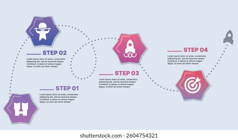 Modern infographic template for business presentations: step-by-step process with numbers, text blocks, and graphic elements for easy demonstration of a plan, strategy, or report.