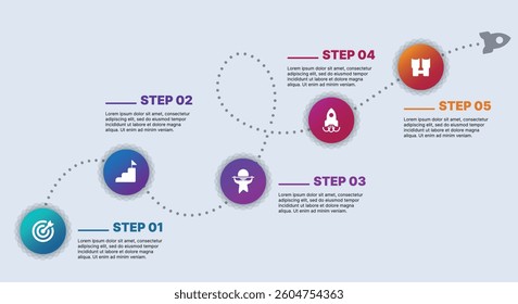 Modern infographic template for business presentations: step-by-step process with numbers, text blocks, and graphic elements for easy demonstration of a plan, strategy, or report.
