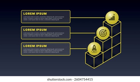 Modern infographic template for business presentations: step-by-step process with numbers, text blocks, and graphic elements for easy demonstration of a plan, strategy, or report.