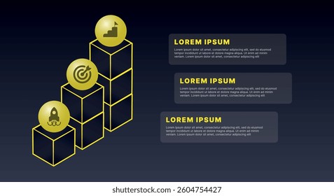Modern infographic template for business presentations: step-by-step process with numbers, text blocks, and graphic elements for easy demonstration of a plan, strategy, or report.