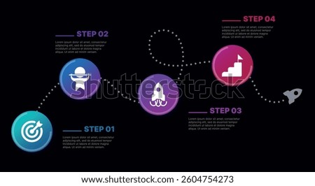 Modern infographic template for business presentations: step-by-step process with numbers, text blocks, and graphic elements for easy demonstration of a plan, strategy, or report.