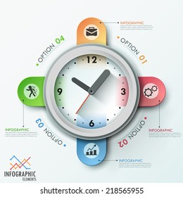 Modern infographic template with clock and ribbons for 4 options. Vector. Can be used for web design and  workflow layout