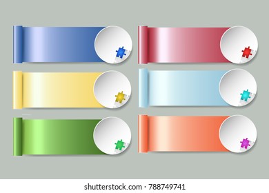 Modern infographic template as a color steel strips of various shapes with a puzzle circle on the edge of the strip. Infographic design can be used for presentation, annual report, web design.