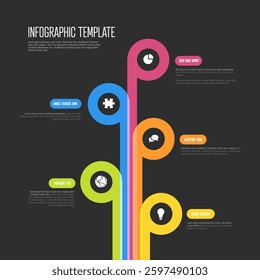 A modern infographic template with colorful, curved lines leading to circular icons and text placeholders. This dark vibrant design is ideal for timelines, presentations, and data visualization.