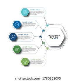 Concepto moderno de plantilla infográfica con elementos hexagonales relistas en colores planos sobre un fondo blanco. Datos de visualización de la información de procesos empresariales con cinco pasos. Vector eps10