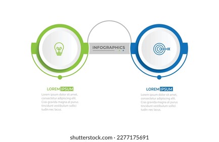 Plantilla infográfica moderna. Diseño de elementos de círculo creativo con iconos de marketing. Concepto de negocio con 2 opciones, pasos, secciones.