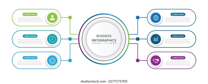 Modern infographic template. Creative circle element design with marketing icons. Business concept with 6 options, steps, sections.