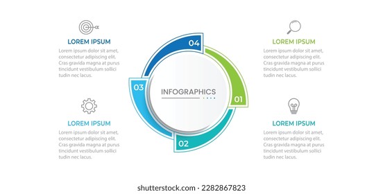 Plantilla infográfica moderna. Diseño de elementos de círculo creativo con iconos de marketing. Concepto de negocio con 4 opciones, pasos, secciones.