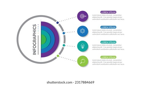 Plantilla infográfica moderna. Diseño de elementos de círculo creativo con iconos de marketing. Concepto de negocio con 4 opciones, pasos, secciones.