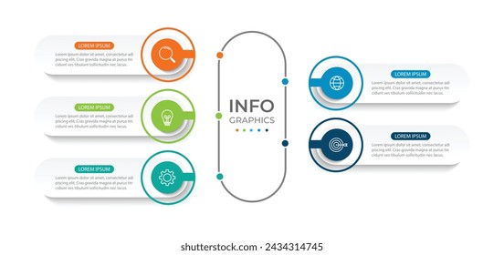 Plantilla de infografía moderna. Diseño de elementos de círculo creativo con iconos de marketing. Concepto de negocio con 5 opciones, pasos, secciones.