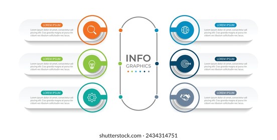 Plantilla de infografía moderna. Diseño de elementos de círculo creativo con iconos de marketing. Concepto de negocio con 6 opciones, pasos, secciones.