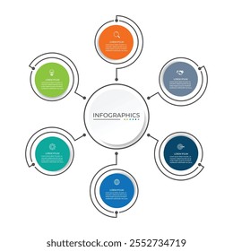 Modelo infográfico moderno. Design criativo do elemento do círculo com ícones de marketing. Conceito de negócios com 6 opções, etapas, seções.