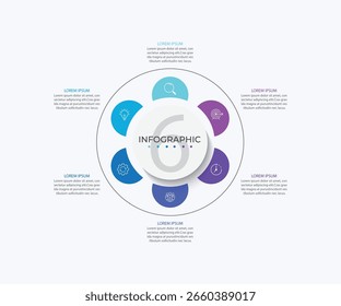 Plantilla infográfica moderna. Diseño creativo de elementos de círculo con iconos de marketing. Concepto de negocio con 6 opciones, pasos, secciones.