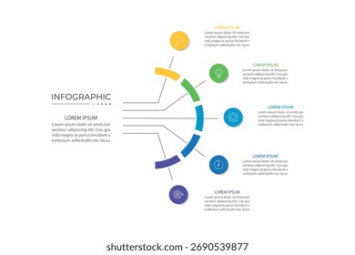 Modern infographic template. Creative circle element design with marketing icons. Business concept with 5 options, steps, sections.