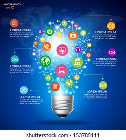 Modern infographic template. Creative light bulb with application icon. Business software and social media   concept. File is saved in AI10 EPS version. This illustration contains a transparency.