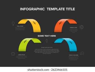 Modern infographic template with dark background and four curved arrows representing 4 steps. Infographic template is great for presentations illustrating business stages or 4 steps in processes.