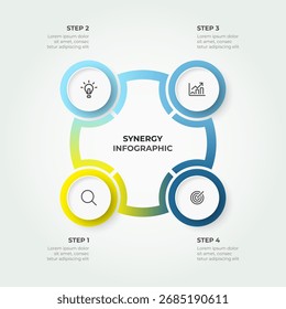 Modern infographic template design with circular flow design with 4 colorful gradient elements.