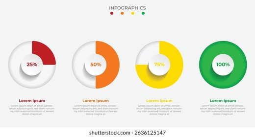 A modern infographic template displaying four circular donut charts representing percentage data—25%, 50%, 75%, and 100%.