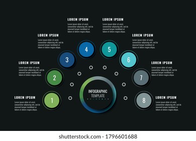 Modern infographic template with eight round realistic elements on a black background. Horizontal business progress visualisation with options and descriptions. Vector illustration eps10
