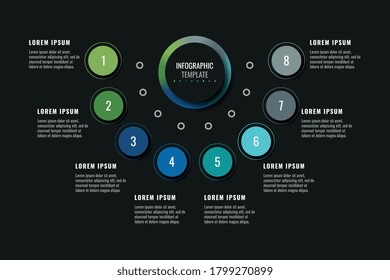 Modern infographic template with eight round realistic elements on a black background. Horizontal business progress visualisation with options and descriptions. Vector illustration eps10