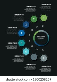 Modern infographic template with eight round realistic elements on a black background. Vertical business progress visualisation with options and descriptions. Vector illustration eps10