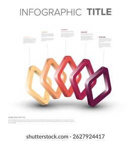 Modern infographic template features a sequence of hanging 3D rhombus shapes. This geometric infographic template provides a clean layout for data visualization using abstract 3D shapes.
