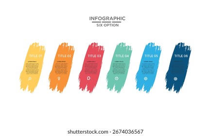 Modern infographic template features six vibrant brushstroke design options, ideal for business presentations, data visualization, step-by-step processes, and marketing.