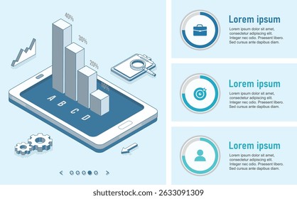 Um modelo infográfico moderno com um gráfico de barras 3D que se eleva a partir de um smartphone, com ícones de negócios planos e seções de texto editáveis. Ideal para apresentações, análises e relatórios empresariais digitais.