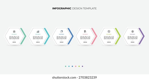 Modelo de Infográfico moderno com 6 passos com ícones, projetado para conceitos de negócios. Ideal para apresentações, banners, layouts de fluxo de trabalho, diagramas de processo, fluxogramas, diagrama