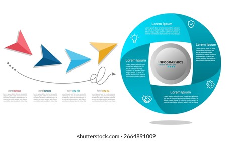 Modern infographic template featuring a circular process flow with four distinct steps and accompanying options for business presentations.