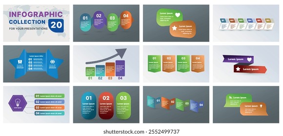 A modern infographic template featuring a collection of geometric shapes, flow diagrams, and progress charts. Ideal for business presentations, marketing strategies, and data analysis, flat design